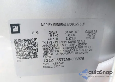 2021 Chevrolet Malibu Fwd Rs z USA, uszkodzony, nr VIN 1G1ZG5ST1MF036976